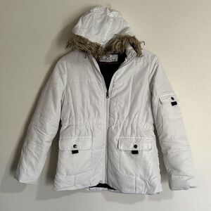 KC Collections Women's L Jacket White Hood Faux Fur Wind Rain Puffer‎ Coat